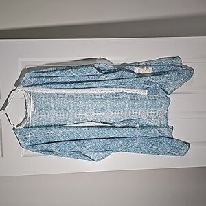 Black Rainn Sheer Oversized Blue White Kimono Swim Cover Lace Trim Size M/L